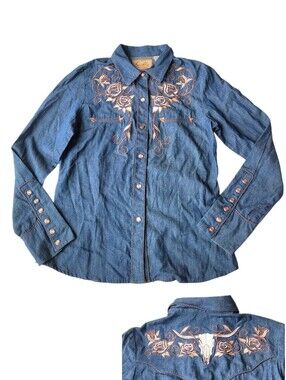 Scully Embroidered Western Pearl Snap Button Top Rose Skull Denim XS